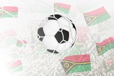 Vanuatu Millî Futbol Takımı gol attı. Top kale ağındayken, futbol taraftarları arka planda Vanuatu bayrağını sallıyor..