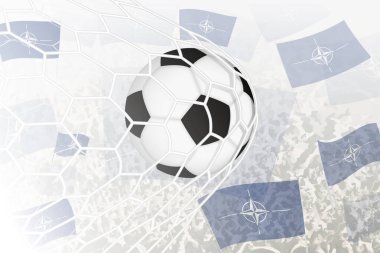 Nato Millî Futbol Takımı gol attı. Futbol taraftarları arka planda Nato bayrağını sallarken, top kale ağında..