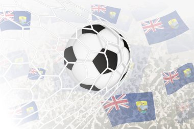 National Football team of Saint Helena scored goal. Ball in goal net, while football supporters are waving the Saint Helena flag in the background. clipart