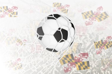 National Football team of Maryland scored goal. Ball in goal net, while football supporters are waving the Maryland flag in the background. clipart