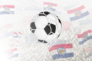 Missouri Millî Futbol Takımı gol attı. Futbol taraftarları arka planda Missouri bayrağını sallarken, top kale ağında..