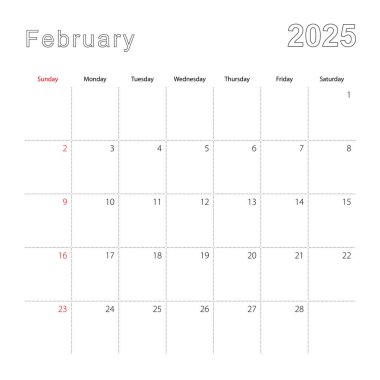 Şubat 2025 için noktalı çizgileri olan basit bir takvim. Takvim İngilizce, haftaya pazar günü başlıyor..