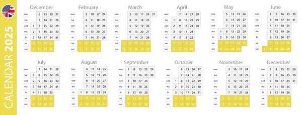 Calendar template for 2025 year, vertical grid design. Vector calendar 2025.