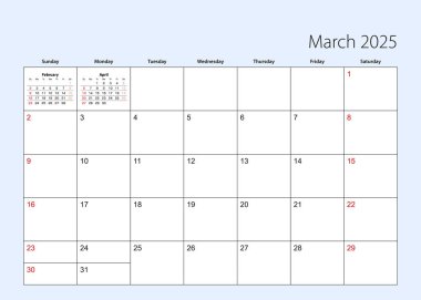 Mart 2025 için duvar takvimi planlayıcısı. İngilizce, hafta pazar gününden itibaren başlıyor..