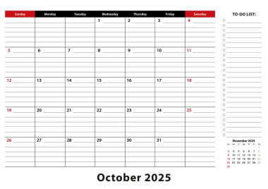 Ekim 2025 Aylık Masa Pedi Takvimi Haftası Pazar 'dan itibaren başlıyor, numara A3.