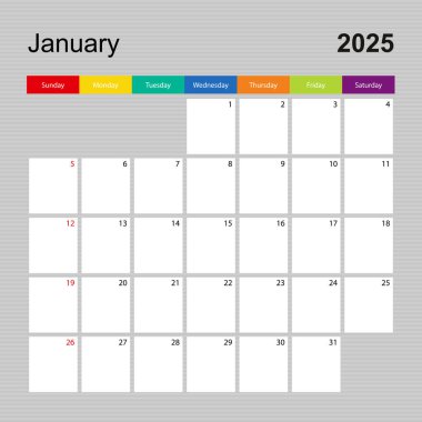 Ocak 2025 için takvim sayfası, renkli tasarımlı duvar planlayıcısı. Hafta pazar günü başlıyor..