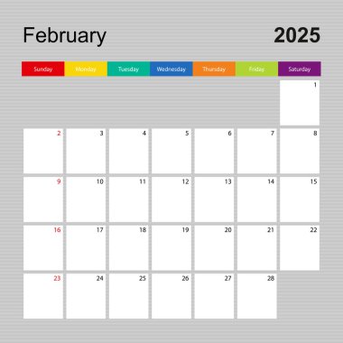 Şubat 2025 için takvim sayfası, renkli tasarımlı duvar planlayıcısı. Hafta pazar günü başlıyor..