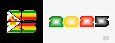 Yıl 2025, Zimbabwe bayrağı ve Zimbabwe bayrağı renginde. Mutlu yıllar 2025 İki farklı stilde.