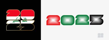 Year 2025 with flag of Iraq and in color palate of Iraq flag. Happy New Year 2025 in two different style. clipart