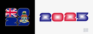 Cayman Adaları bayrağı ve Cayman Adaları bayrağı renginde 2025 yılı. Mutlu yıllar 2025 İki farklı stilde.