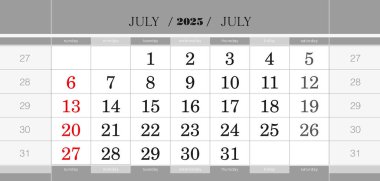 Temmuz 2025 takvim bloğu. İngilizce duvar takvimi, hafta pazardan itibaren başlar.