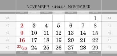 Kasım 2025 üç aylık takvim bloğu. İngilizce duvar takvimi, hafta pazardan itibaren başlar.