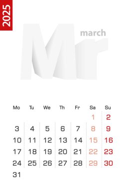 Mart 2025 için minimalist takvim şablonu, İngilizce vektör takvimi.