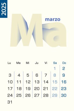 Minimalist calendar template for March 2025, vector calendar in Spanish language. clipart