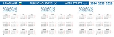2024, 2025 ve 2026 yılları için Bulgarca basit takvim şablonu. Hafta pazartesiden itibaren başlıyor.