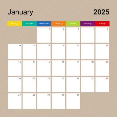 Ocak 2025 için takvim sayfası, renkli tasarımlı duvar planlayıcısı. Hafta pazartesi başlıyor..