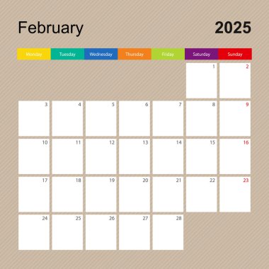 Şubat 2025 için takvim sayfası, renkli tasarımlı duvar planlayıcısı. Hafta pazartesi başlıyor..
