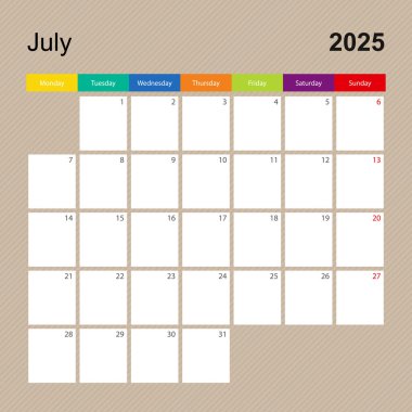 Temmuz 2025 takvim sayfası, renkli tasarımlı duvar planlayıcısı. Hafta pazartesi başlıyor..