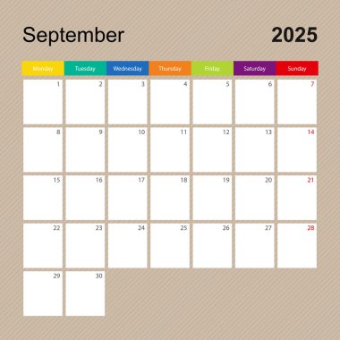 Eylül 2025 takvim sayfası, renkli tasarımlı duvar planlayıcısı. Hafta pazartesi başlıyor..