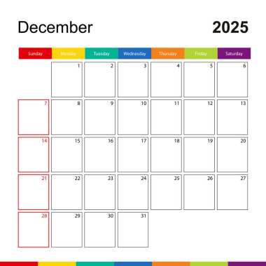 Aralık 2025 Renkli Duvar Takvimi, Hafta Pazar günü başlıyor.