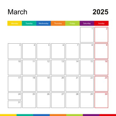 Mart 2025 Renkli Duvar Takvimi, Hafta Pazartesi başlıyor.