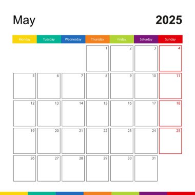 Mayıs 2025 Renkli Duvar Takvimi, Hafta Pazartesi başlıyor.