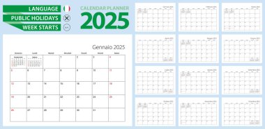 2025 için İtalyan takvim planlayıcısı. İtalyanca, hafta pazar günü başlıyor. Vektör şablonu