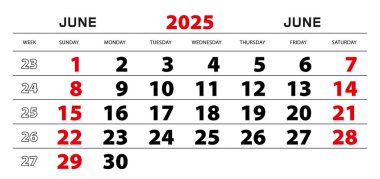 Haziran 'da duvar takvimi 2025, hafta pazar günü başlıyor..