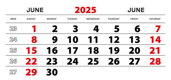 Wall calendar 2025 for june, week start from sunday.