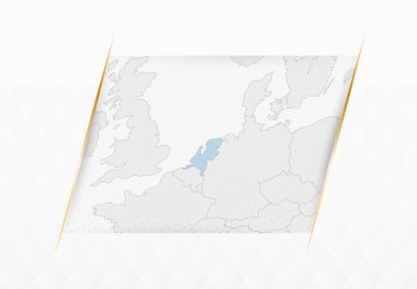 Hollanda Mavi Haritası ve Altın Çerçeveli Aksanlar. Hollanda 'nın Modern Vektör Haritası.