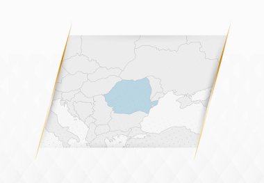 Altın Çerçeveli Aksanlı Romanya Mavili Haritası. Romanya 'nın Modern Vektör Haritası.