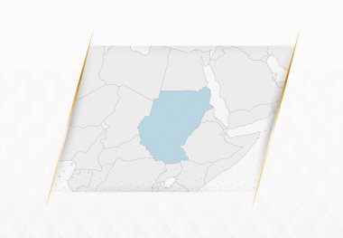 Sudan Mavi Haritası ve Altın Çerçeveli Aksanlar. Sudan 'ın Modern Vektör Haritası.