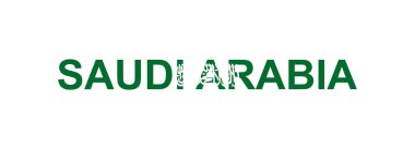Ülke bayrağı tarzında Suudi Arabistan harfleri. Suudi Arabistan kelimesi ulusal bayrak tarzında.