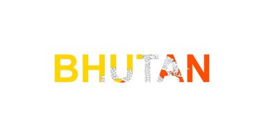 Butan harfleri ülke bayrağı tarzında. Bhutan kelimesi ulusal bayrak tarzında.
