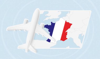 France Travel Illustration with Plane and National Flag. Fransa Haritasının Üzerinde Uçan Uçak.