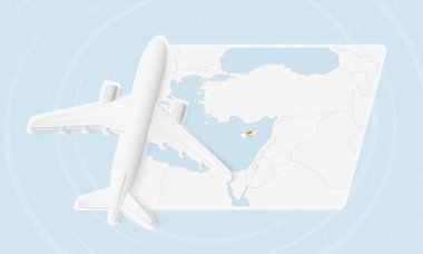 Kıbrıs Rum Kesimi Uçak ve Ulusal Bayrağıyla Seyahat Çizimi. Kıbrıs Haritasının Üzerinde Uçan Uçak.