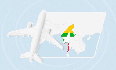 Myanmar Travel Illustration with Plane and National Flag. Airplane Flying Over Myanmar Map. clipart