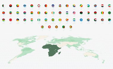 Afrika Bayrakları Koleksiyonu, Mavi iğne simgesi tasarımı. Minimalist Afrika Bayrakları ve Dünya Haritası Sunumu. Vektör Koleksiyonu.