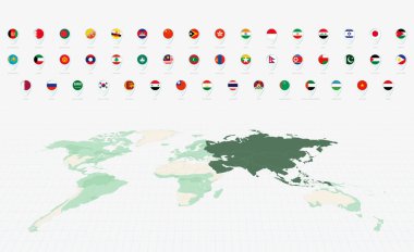 Asya Bayrakları Koleksiyonu, Mavi iğne simgesi tasarımı. Minimalist Asya Bayrakları ve Dünya Haritası Sunumu. Vektör Koleksiyonu.