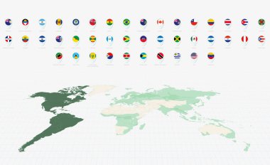 Amerikan Bayrakları Koleksiyonu, Mavi iğne simgesi tasarımı. Minimalist Amerikan Bayrakları ve Dünya Haritası Sunumu. Vektör Koleksiyonu.