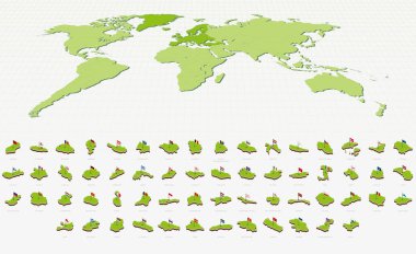 Isometric Style 'da Avrupa Haritaları ve Bayrakları. Isometric Harita Koleksiyonu