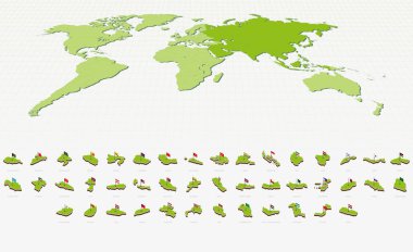 Isometric Style 'da Asya Haritaları ve Bayrakları. Isometric Harita Koleksiyonu
