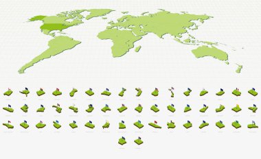 Isometric Style 'da ABD Haritaları ve Bayrakları. Isometric Harita Koleksiyonu