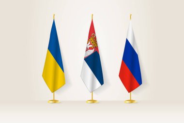 Diplomasi Toplantısı Temsilcisi, Ukrayna, Sırbistan ve Rusya Bayrakları. Diplomatik Standartlarda Bayraklar.
