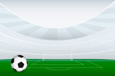 Klasik Top ile Minimalist Futbol Stadyumu. Modern bir stadyumun içindeki futbol sahasının temiz ve minimalist bir örneği. Yeşil sahada bir kale direği ve klasik bir siyah-beyaz futbol topu var.