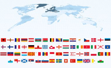 Avrupa 'ya Odaklanan Dünya Haritasının yanında Doğru Oranlarda Avrupa Bayrakları.