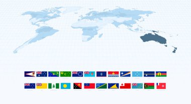 Okyanusya 'ya Odaklanan Dünya Haritasının yanında Doğru Oranlarda Okyanus Bayrakları.