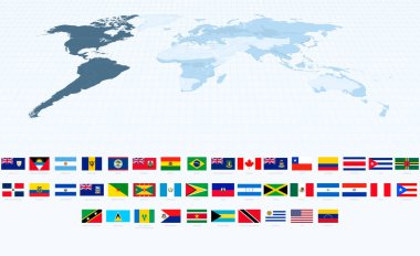 Amerika 'ya Odaklanan Dünya Haritasının yanında Doğru Oranlarda Amerikan Bayrakları.