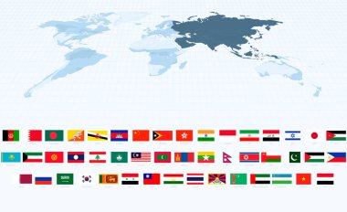 Asya 'ya Odaklanan Dünya Haritasının yanında Doğru Oranlarda Asya Bayrakları.
