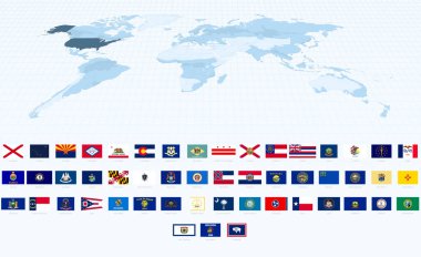 Amerika Birleşik Devletleri 'ne Odaklanan Dünya Haritasının yanı sıra, ABD Bayrakları Doğru Oranlarda.
